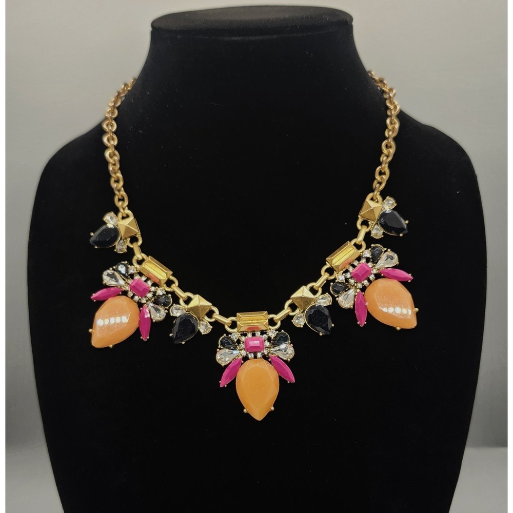 J.CREW Statement Bib Necklace Multi-Color Rhinestone Gold Tone Floral 16-18"